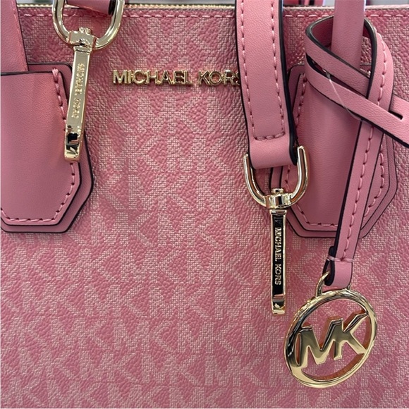 MICHAEL KORS Mercer Sm TZip Logo Leather Belted Satchel Crossbody Carnation - Picture 15 of 16